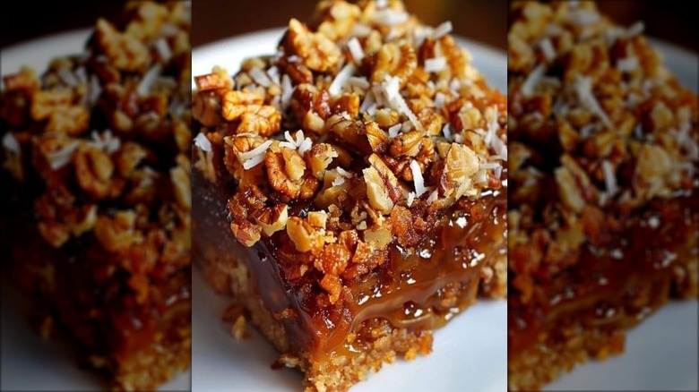close-up of sawdust pie with coconut and nuts