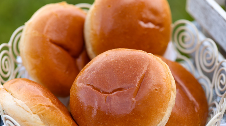 Hamburger buns in basket closeup