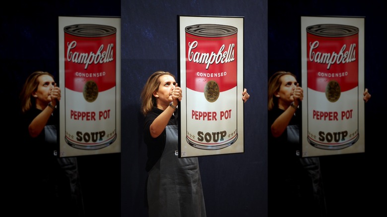 person with print of andy warhol's pepper pot soup art