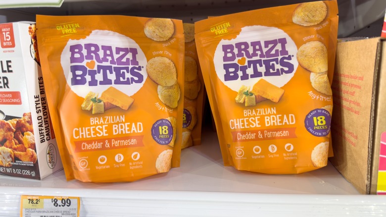 brazi bites bread bites on a freezer shelf in grocery store