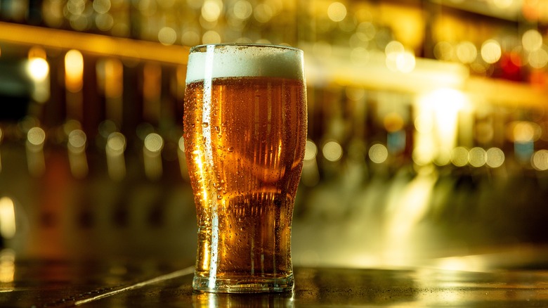 A close-up of a glass of beer on a bar counter
