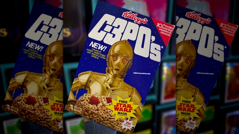 Closeup of C-3PO's cereal box
