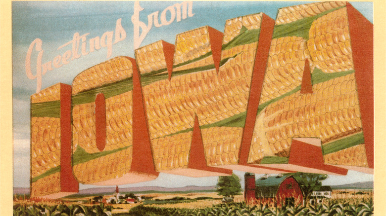 Vintage postcard showing "Greetings from Iowa" with corn infill.