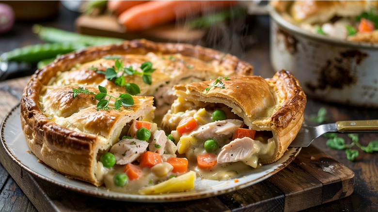 A freshly-cut steaming chicken pot pie