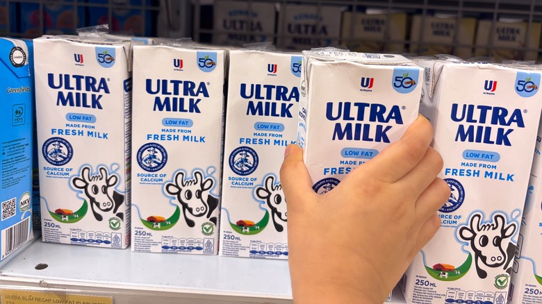 Cartons of milk on display in a grocery store shelf