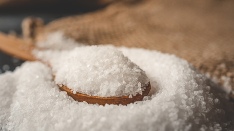 An extreme close-up of a small pile of salt with a wooden spoon scooping some out