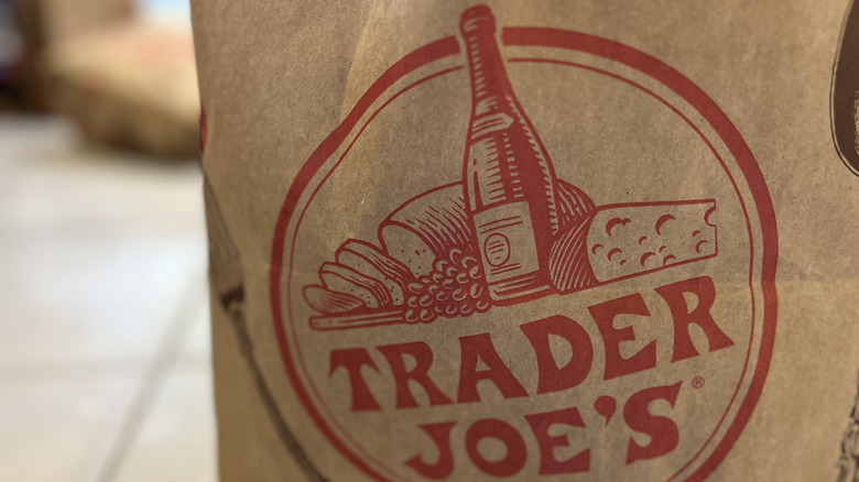 Closeup Trader Joe's branded paper bag