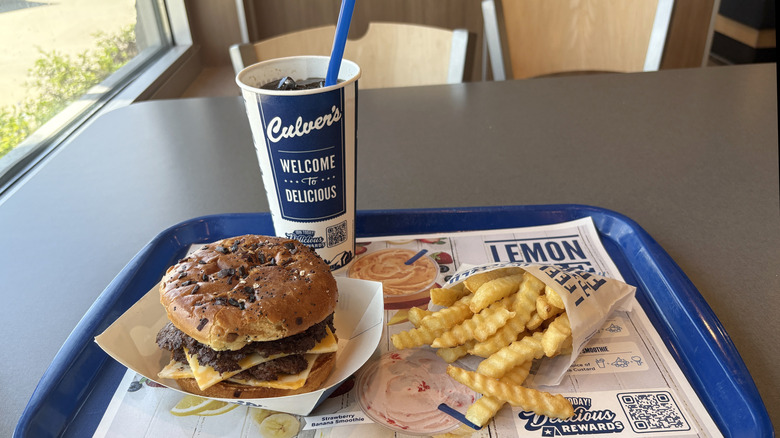 A Colby Jack Burger with French fries and Coca-Cola from Culver's