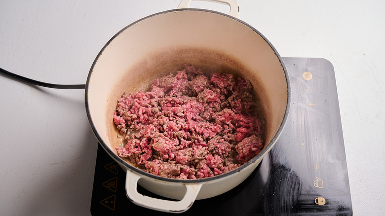 Cooking ground beef in a pot