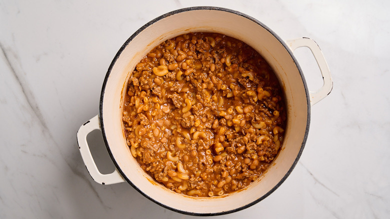 cooked chili mac in a pot