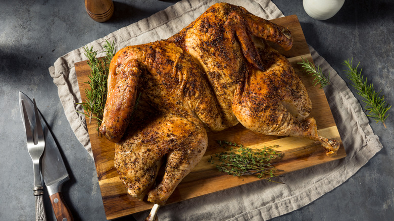 A fully cooked spatchcocked turkey