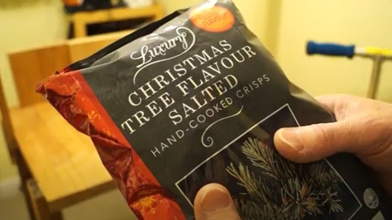 Someone holding a pack of Iceland's Christmas Tree flavored potato chips