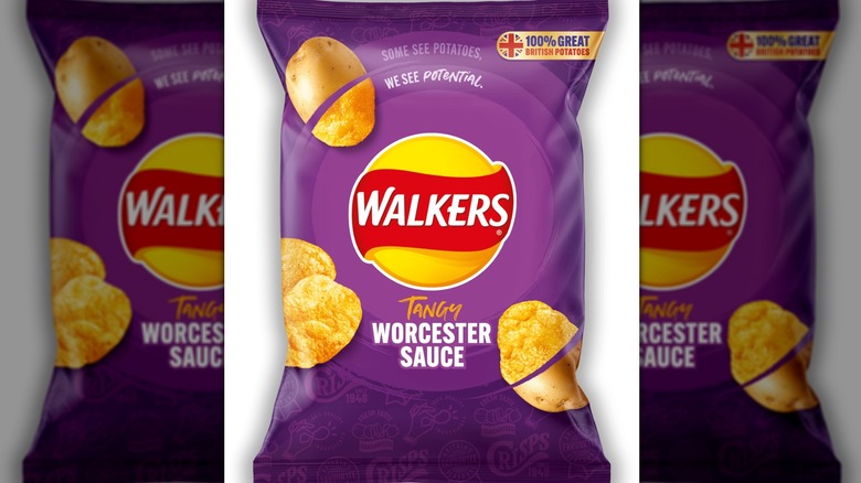 A pack of Walkers Worcestershire Sauce potato crisps