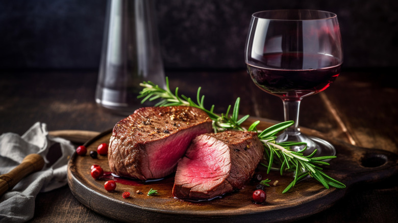 Sliced steak sits on a wooden plate with herbs