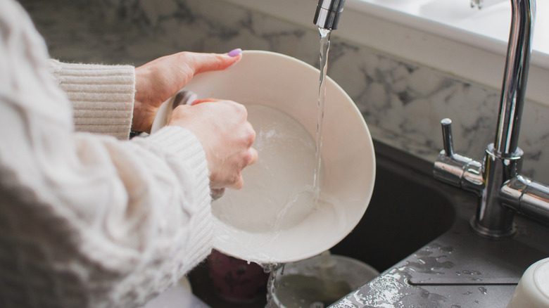 Closeup of person washing white dish over sink.