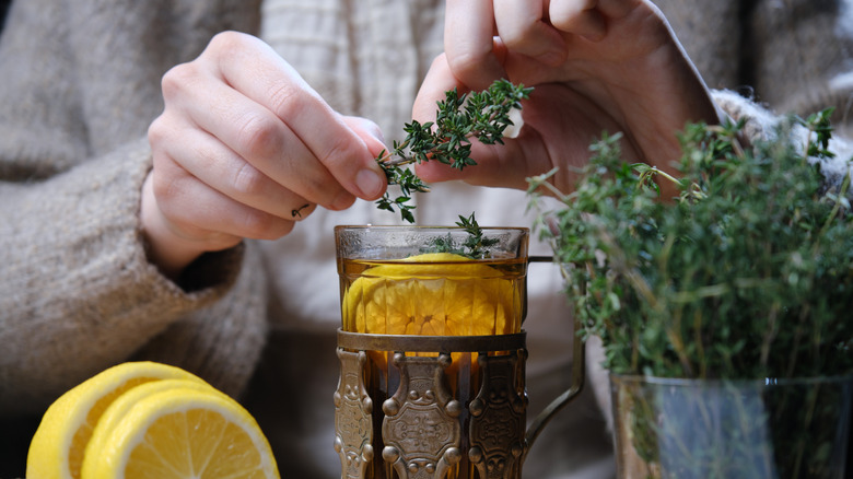 A close-up of someone plucking thyme leaves from the stem to put into tea