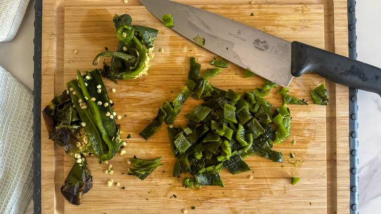 chopped poblanos on board