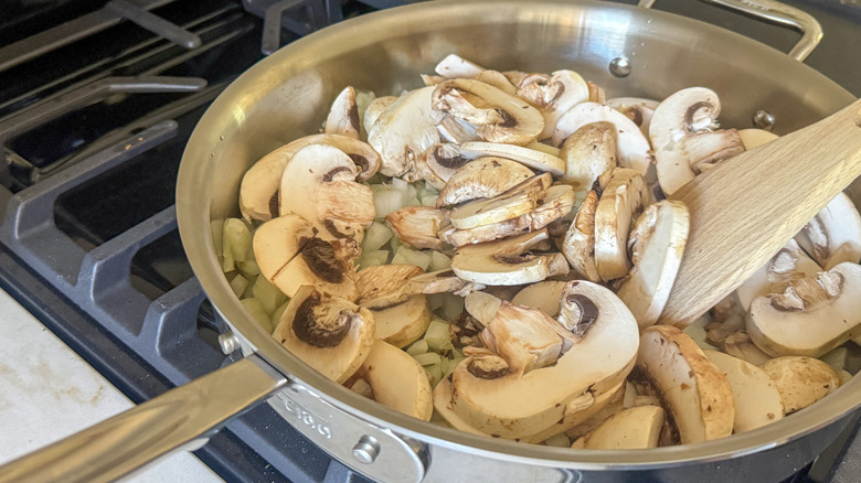 sliced mushrooms in pan