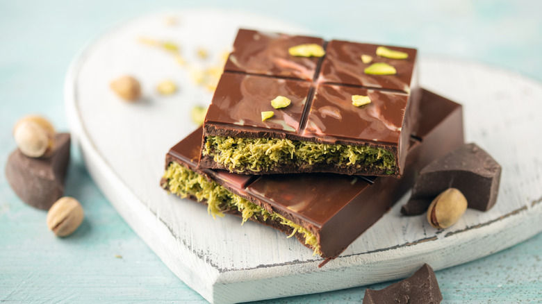 Dubai chocolate bar with pistachio and kataifi filling.