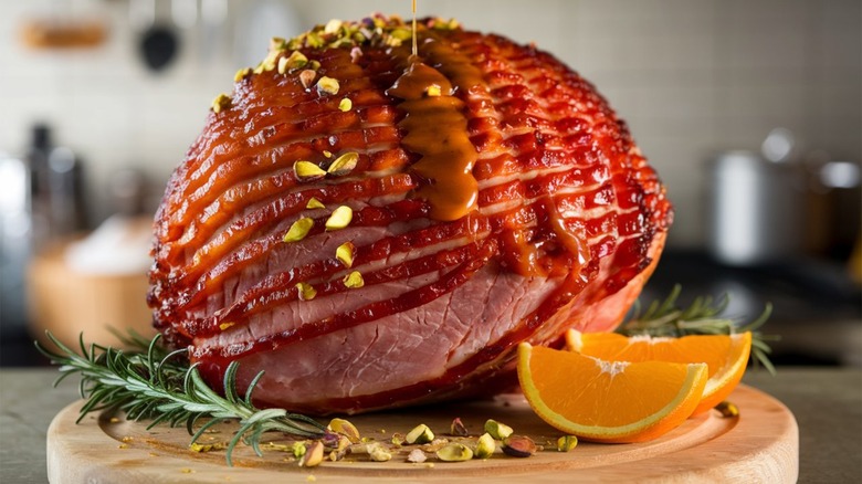 A cooked ham being glazed