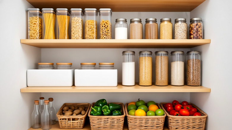 Pantry shelves with food in glass and plastic containers.