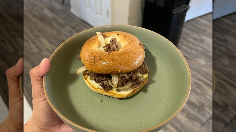 homemade steak, egg, and cheese bagel