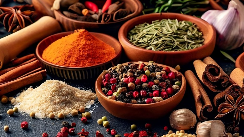 Various seasonings in wood bowls on dark background
