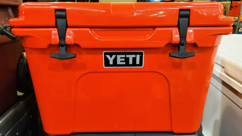 Red hard-shell yeti cooler in store display