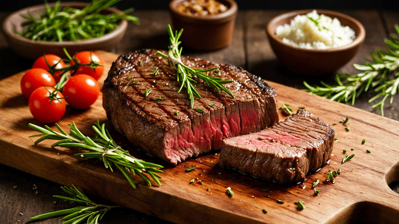 Cutting a grilled steak on a wooden cutting board besides tomatoes and herbs.