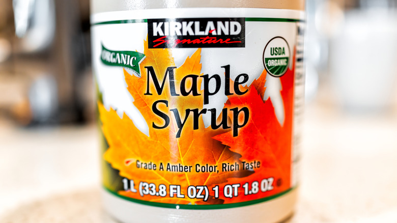 Costco's Kirkland Signature maple syrup label closeup
