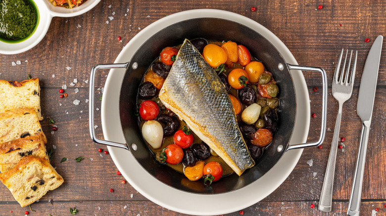 Seared sea bass with tomatoes
