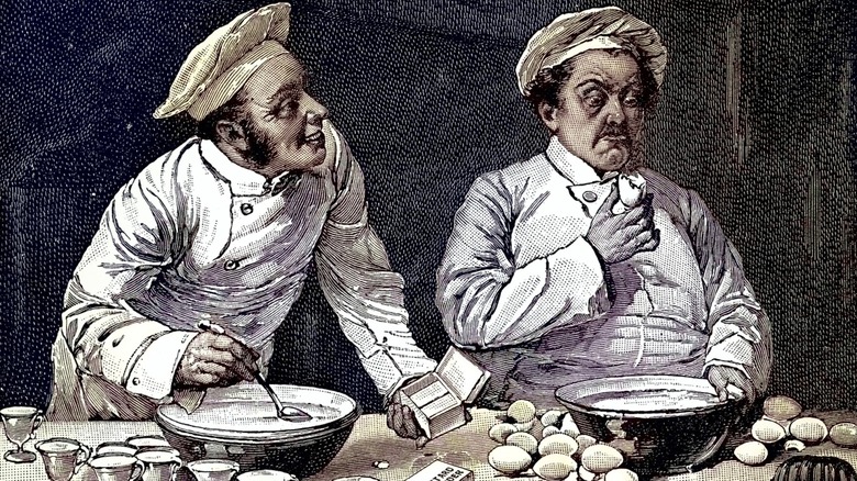 old-fashioned chefs taste food in an illustration