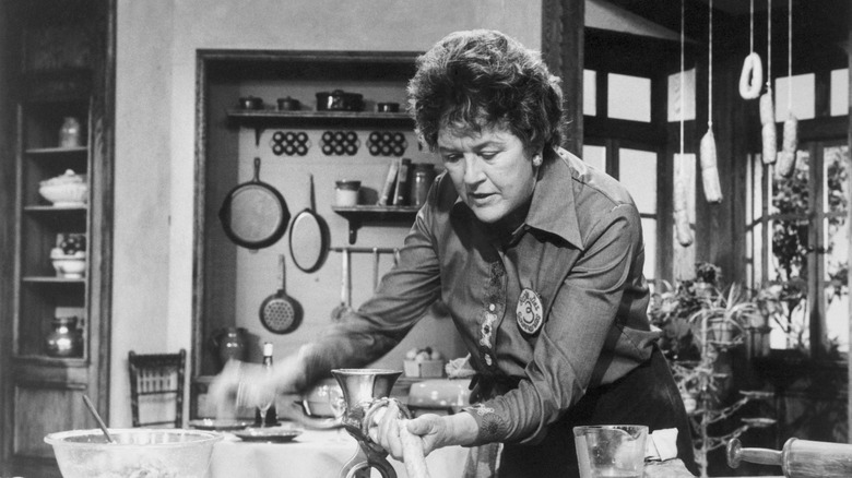 julia child in her kitchen, black and white