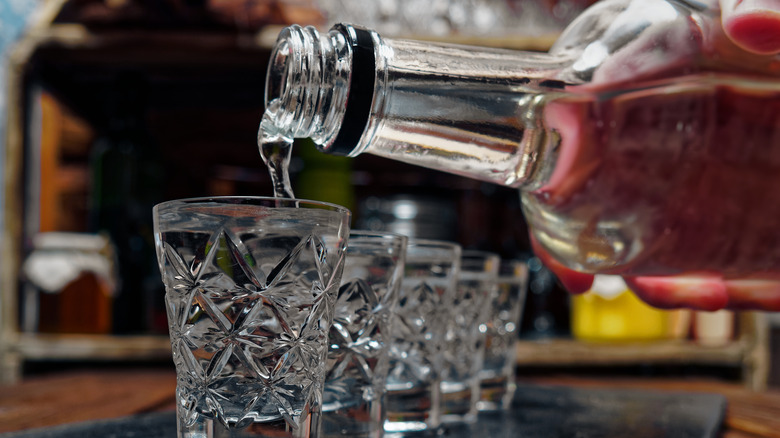 Pouring shots of vodka