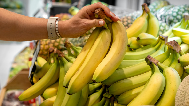 A close-up of someone picking up a bunch of bananas in a grocery store