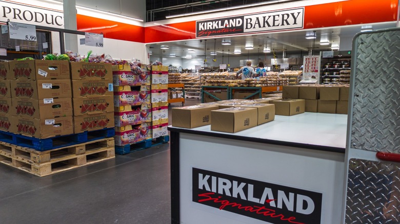 costco warehouse with prominent kirkland signature signage