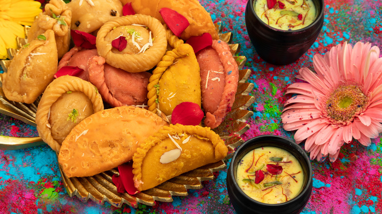 Different shaped Gujiyas with Holi colors