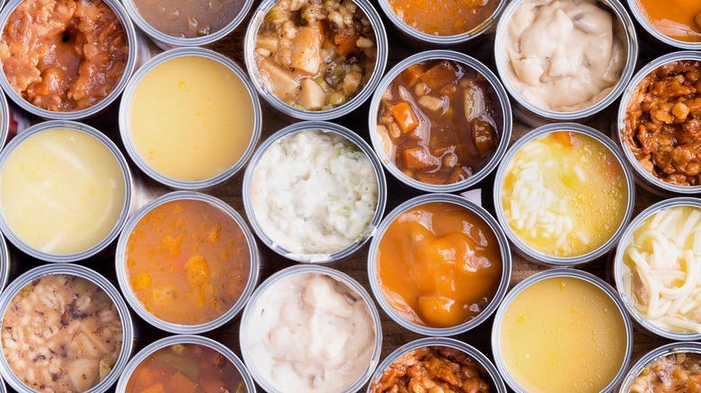 top-down view of opened soup cans arranged in a repeating pattern