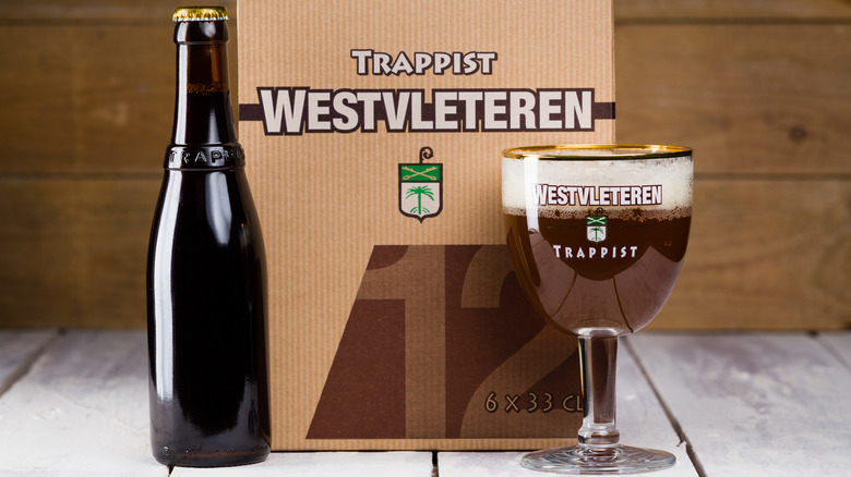 Westvleteren 12 beer in a bottle, chalice, and carton