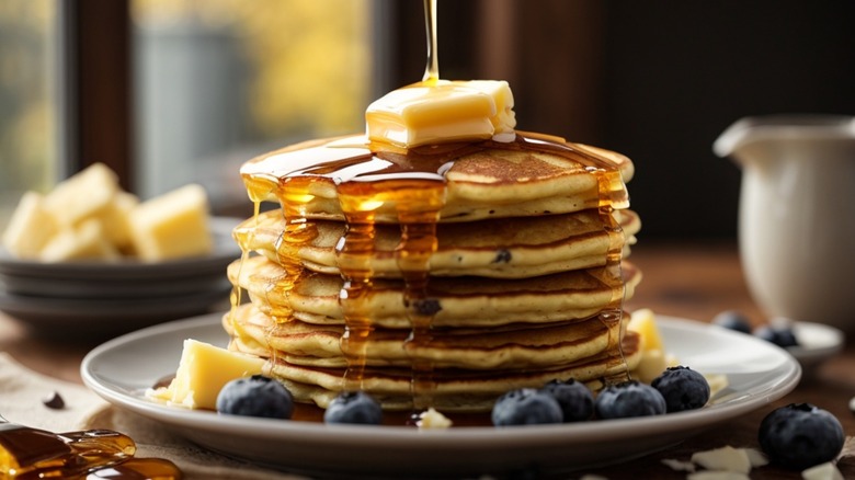 fluffy stack of pancakes with butter, syrup, blueberries