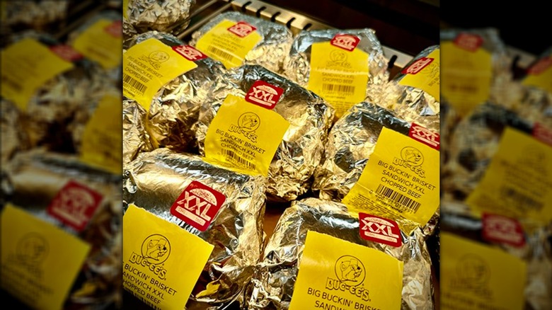 Buc-ee's XXL brisket sandwiches are on display wrapped in foil
