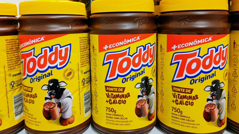 Toddy chocolate powder lining the shelves of a Brazilian supermarket.