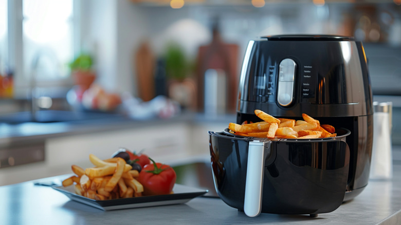 An air fryer with a basket full of French fries, with more french fries, some grapes, and a pair of tomatoes on a plate to the side