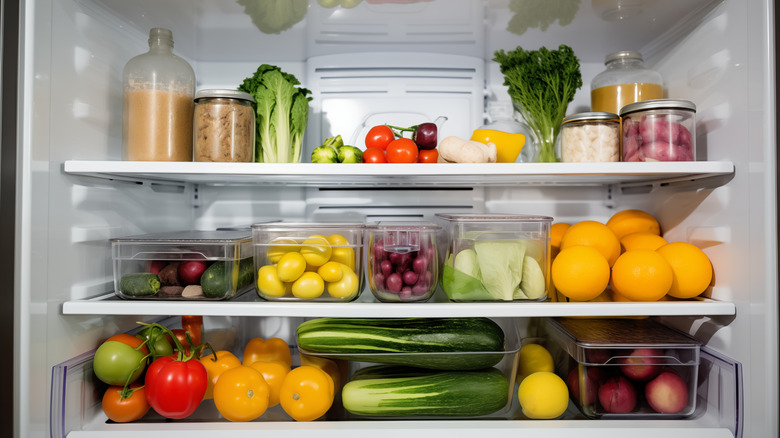 The inside of a refrigerator filled with fresh produce