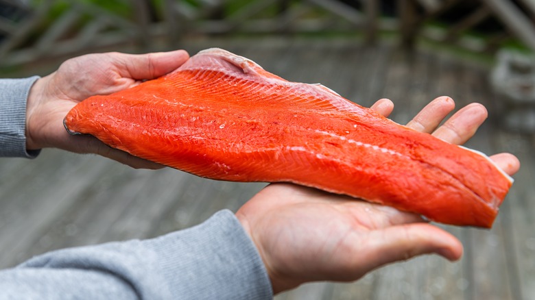 two hands holding a raw salmon filet