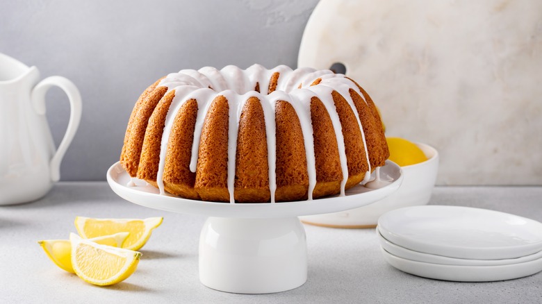 Lemon bundt cake on a platter