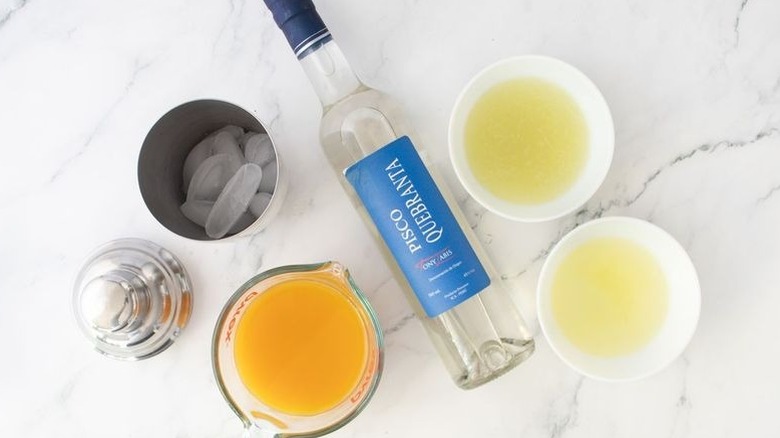 Pisco bottle next to various liquids in bowls and cocktail shaker