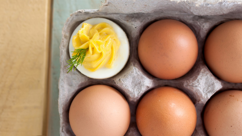 Deviled egg in an egg carton