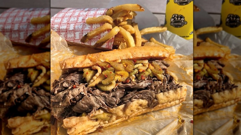 A close-up of an Italian beef sandwich from Al's #1 Italian Beef in Chicago