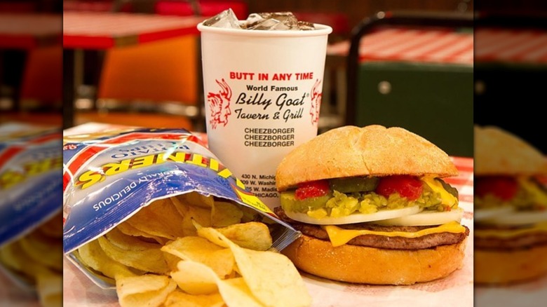 A cheeseborger, drink and chips from Chicago's Billy Goat Tavern